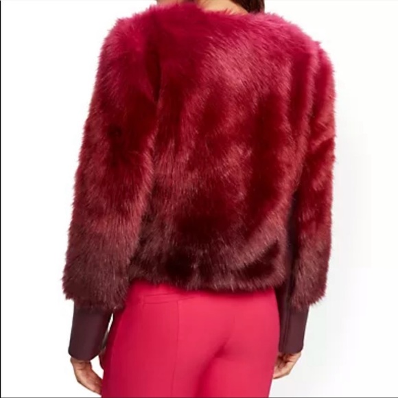 NWT NY & Company Faux Fur Crop Jacket Red/Pink Tri Color SZ L/XL Faux Leather - Picture 2 of 6